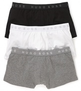 BOSS Black brings you a three-pack of essential cotton boxers, complete with a logo waistband.