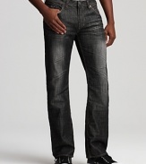 Buffalo's straight leg jeans feature distressing on the pockets and fading on thighs for instant worn-in cool.