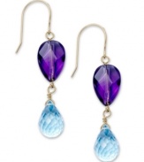 A double splash of color. Pear-cut amethyst (7 ct. t.w.) and blue topaz (9 ct. t.w.) adorn these stunning drop earrings. Set in 14k gold. Approximate drop: 1-1/2 inches.