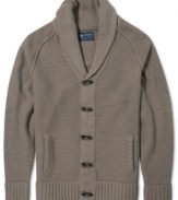 Update your casual look with dapper style in this shawl cardigan with toggle front.