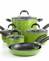 Keep your cool when cooking! This comprehensive set brings nonstick technology to the helm of your kitchen, creating delicious healthy meals made with less fat and oil. The porcelain-enameled body of each piece promotes quick and even heating that produces masterful results each and every time. Limited lifetime warranty.