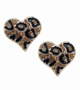 Fall for fierce prints. GUESS earrings feature a wild leopard print design in black enamel and sparkling crystal. Post setting crafted in gold tone mixed metal. Approximate diameter: 1-3/4 inches.