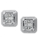 Princess-cut perfection. These square stud earrings are highlighted by sparkling, round-cut diamonds (1/3 ct. t.w.) in 14k white gold. Approximate diameter: 3/10 inch.