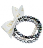 Beauty in bunches. Black and gray play a starring role in this set of three cultured freshwater pearl (7-8 mm) stretch bracelets that offer a classic chic feel, with crystals adding luster. Approximate length: 7-1/2 inches.