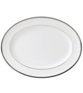 The heirloom-quality Sterling dinnerware and dishes pattern by Wedgwood is designed for formal entertaining, in pristine white bone china banded with polished platinum.