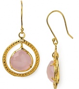 Textured gold and rose quartz come together in Coralia Leets framed drop earrings. Rich 22K gold plating brings out the stone's natural beauty for goddess-like glamour.