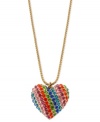 It's all about the love. On one side of this heart pendant from Betsey Johnson is a full spectrum of glass crystal accents and on the back is an inscription, Love Me. The necklace is crafted from gold-tone mixed metal for added attraction.  Approximate length: 16 inches + 3-inch extender. Approximate drop: 1-1/2 inches.