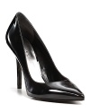 GUESS delivers a devastatingly sleek take on essential black pumps in slick patent leather, sporting sharp, pointy toes and slim heels.