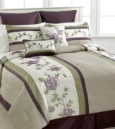 Garden-fresh. Reinvent your sleep space with this Rosemont comforter set, featuring panels of embroidered rose designs for a charming presentation. Comes complete with shams, bedskirt and two decorative pillows all in a captivating color range of purple, green and tan.