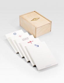 Original Charles Fradin illustrations add an aquatic touch to high-quality cotton paper, organized in five pads and housed in a gold-stamped wood box. 5 pads with 40 sheets each High-quality cotton pulp paper Box: 5W X 7¼H X 4D Pad: 4½W X 6¾ Made in USA FOR PERSONALIZATION Select a quantity, then scroll down and click on PERSONALIZE & ADD TO BAG to choose and preview your personalization options. Please allow 3 weeks for delivery. 