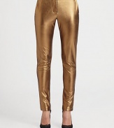 Stretch-leather leggings with a glossy metallic finish and convenient slash pockets. THE FITMedium rise, about 9Inseam, about 30THE DETAILSTab closureZip flyFront slash pocketsFully linedLeatherDry clean with leather specialistImported of Italian fabricModel shown is 5'9 (175cm) wearing US size 4.