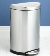 It's time to dispose of that old, unsightly trash can. This sleek, updated unit features stylish curved edges and a flat back, letting it sit flush against the wall, while advanced lidshox(tm) technology uses air suspension shocks to control the lid for a slow, quiet close. 10-year warranty.