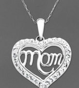 Looking for the perfect Mother's Day gift? This sparkling heart-shaped pendant by Kaleidoscope features the word Mom in sterling silver, crystal and Swarovski elements. Approximate length: 18 inches. Approximate drop: 1-1/4 inches.