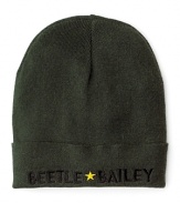 Soft merino wool cap, featuring a cuffed end with embroidered Beetle Bailey lettering.