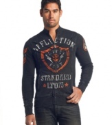 Lighter than your other layers, this zip t-shirt with moto-inspired collar from Affliction has plenty of style torque.