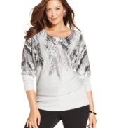 Let your style soar this season with Alfani's plus size sweater, featuring a feather-print.