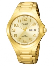 Gilded perfection by Pulsar. This watch features a goldtone stainless steel bracelet and round case. Champagne dial with logo, date window and goldtone numerals. Analog quartz movement. Water resistant to 100 meters. Three-year limited warranty.