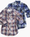 Epic Threads updates the classic plaid adding a stylish contrast pattern on the roll up sleeves.