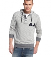 Add this hooded pullover from Armani to your seasonal wardrobe for a soft and warm layered look.