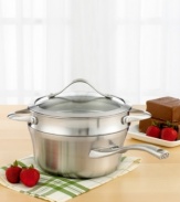 With stunning style and versatility, this saucepan features a full aluminum core sandwiched between a stainless steel interior and exterior, providing superb conductivity and even heating. The double boiler insert uses the power of steam heat, perfect for melting chocolate and cheese or cooking delicate sauces. Lifetime warranty.