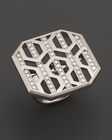 Brilliant diamonds pop against gleaming sterling silver in India Hicks' intriguing, geometric ring.