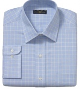 Classic with a twist. Brighten up your dress wardrobe with the fresh palette of this windowpane shirt from Club Room.