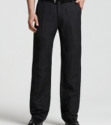 A modern straight leg pant from John Varvatos, rendered in a luxurious linen and cotton blend with a subtle allover plaid pattern.