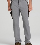 Classic straight leg pant in soft cotton, with affixed suspenders, to be worn up, down or not at all.