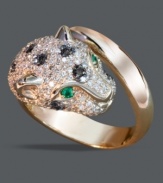 Set your inner wild child free. Signature by Effy Collection's daring panther ring features a dramatically-sparkling design with round-cut white diamonds (1-1/6 ct. t.w.), black diamonds (1/5 ct. t.w.) and glowing emerald accents for eyes. Crafted in 14k rose gold.