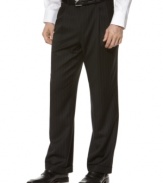 Take your dressy look to the next level with this striking pinstripe pant. It features elegant double reverse pleats. On-seam pockets at sides. Single besom button-through pocket at hip. Extendable waistband. Cuffed bottoms.