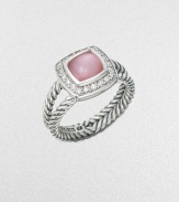 From the Petite Albion Collection. A pretty style with a pink mother-of-pearl cabochon surrounded by dazzling diamonds on a split cable shank. Pink mother-of-pearlDiamonds, .18 tcwSterling silverImported 