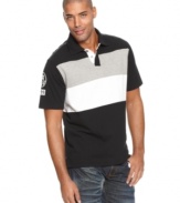 This Rocawear shirt boasts bold stripes and a classic polo fit.