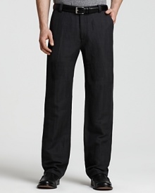 A modern straight leg pant from John Varvatos, rendered in a luxurious linen and cotton blend with a subtle allover plaid pattern.