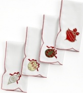 All the trimmings. Prepare for a jolly-good time with Holiday Ornaments napkins, featuring simple white linens festooned with colorful ornaments and a scalloped edge.