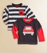 Mixing and matching made fun, this handsome two-piece gift set features a layered-look top with car appliqué and striped top with patch pocket and car embroidery for endless wardrobe possibilities.CrewneckLong sleevesShoulder snapsCottonMachine washImported Please note: Number of snaps may vary depending on size ordered. 