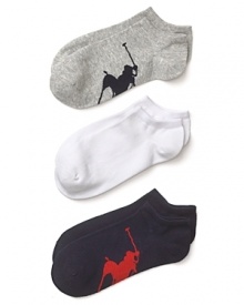 A 3-pack of low-cut ankle socks with a large contrast logo printed on sole.