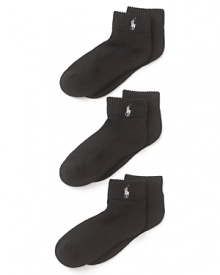 Time to stock up on comfortable basics? Try a 3-pack of cushioned foot socks with embroidered logo at side from Ralph Lauren.