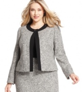 Ladylike tweed and elegant black trim combine to create a refined plus size jacket from Kasper. Wear it with the coordinating skirt or wear it to add texture to a classic sheath dress. (Clearance)