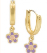 Petals with panache! Lily Nily's children's drop hoop earrings are set in 18k gold over sterling silver with purple enamel flowers adding a whimsical and stylish touch. Item comes packaged in a signature Lily Nily Gift Box. Approximate drop: 3/4 inch. Approximate width: 1/4 inch.