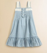 Delicate lace trim adorns the shoulder straps and neckline of this pretty A-line frock, rendered in a bright gingham check for preppy warm-weather style.Straight necklineWide shoulder strapsRuffled front button placketPintucked bodiceRear smockingFlared, ruffled hemCottonMachine washImported Please note: Number of buttons may vary depending on size ordered. 