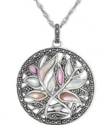 A natural selection. Genevieve & Grace's sterling silver necklace is centered by a pendant with a vibrant leaf motif. Marcasite and mother of pearl blend harmoniously. Approximate length: 18 inches. Approximate drop: 2 inches. Approximate drop width: 1-1/2 inches.