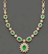 Establish everlasting elegance with this royalty-inspired necklace by Effy Collection. Filled with lovely detail, this necklace features oval and round-cut emeralds (3-3/8 ct. t.w.) and round-cut diamonds (2-1/3 ct. t.w.) set in 14k gold. Approximate length: 16 inches. Approximate drop: 1 inch.