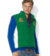 Support your country of choice in a quilted fleece vest with polished leather-trimmed details, a signature Ralph Lauren crest at the front and the country name and flag patch at the back.