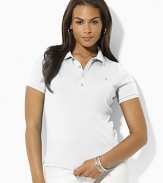 Designed for a trim, body-skimming fit in soft finely ribbed cotton, the iconic polo shirt receives a chic update with gleaming silver-tone metal buttons.