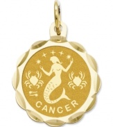 Tell everyone your sign in style! This scalloped and polished disc charm features the Cancer Zodiac in 14k gold. Chain not included. Approximate length: 9/10 inch. Approximate width: 3/5 inch.