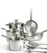 An essential starter kit for the aspiring chef. This complete cookware set from Tools of the Trade features classic stainless steel construction, providing great results for kitchen tasks big and small. Limited lifetime warranty.