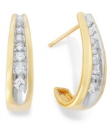 Elevate your look with a touch of sparkle. These unique J-hoop earrings feature channel-set, round-cut diamonds (1/4 ct. t.w.) in 14k gold. Approximate drop: 5/8 inch.