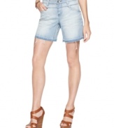 Usher in warmer days in these DKNY Jeans shorts. The raw-edged released hem and a sandblasted wash recall well-loved vintage cut-off shorts!