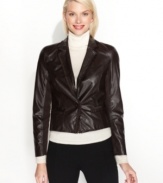 Faux leather meets ribbed knit in Ellen Tracy's cropped jacket. Grosgrain ribbon trim adds a final feminine touch!