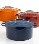 Your go-to for getting it done right in the kitchen, this versatile round dish is perfect for baking casseroles, browning meats and much, much more. The heavy-duty construction distributes heat evenly, locking moisture in to slow-cooked stews and braised roasts. From prep to presentation, this attractive enameled cast iron pot goes with ease, featuring generously sized handles for a secure, confident grip. Lifetime warranty.